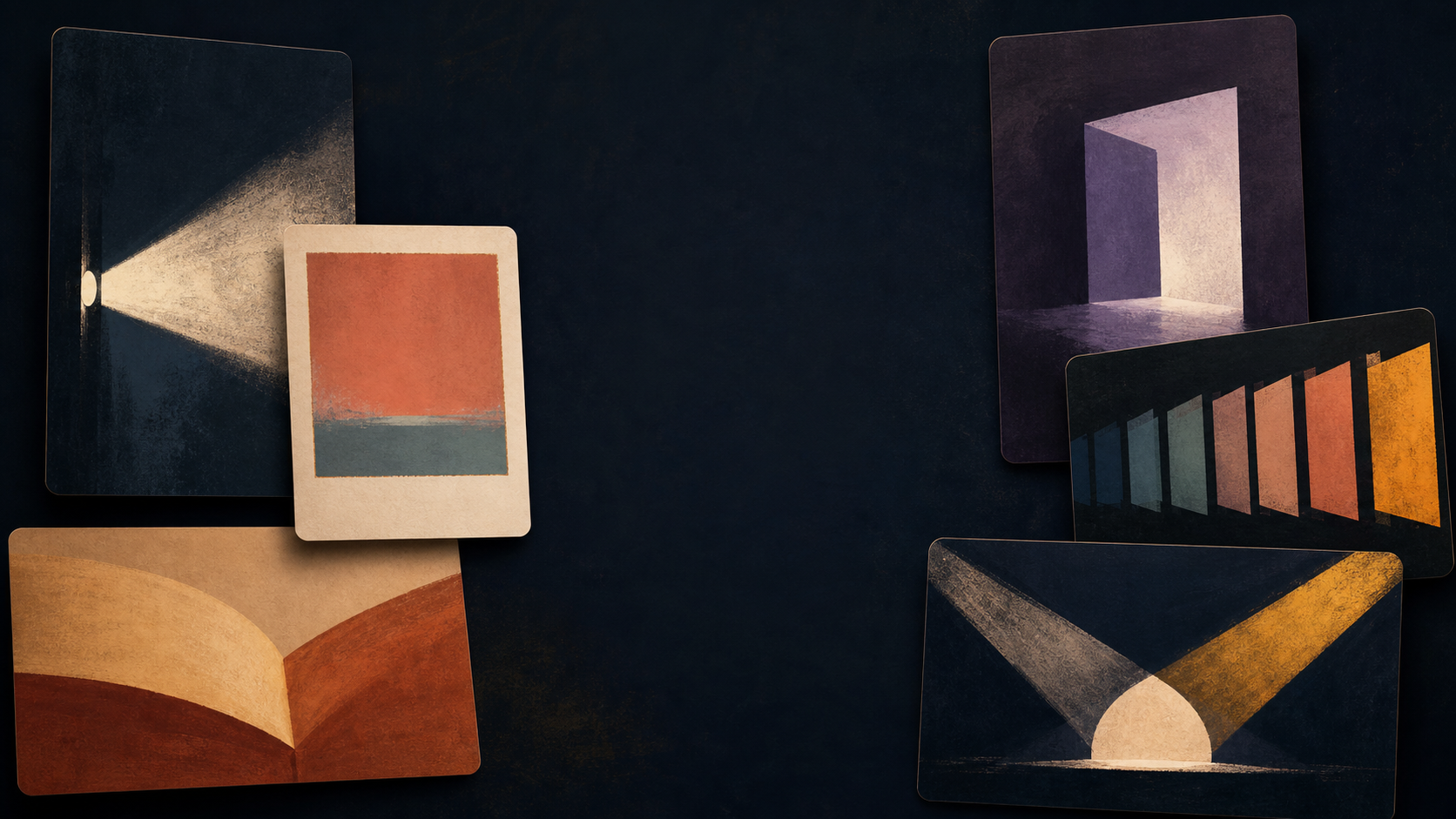 Six premium editorial cards representing different forms of storytelling around a calm central space