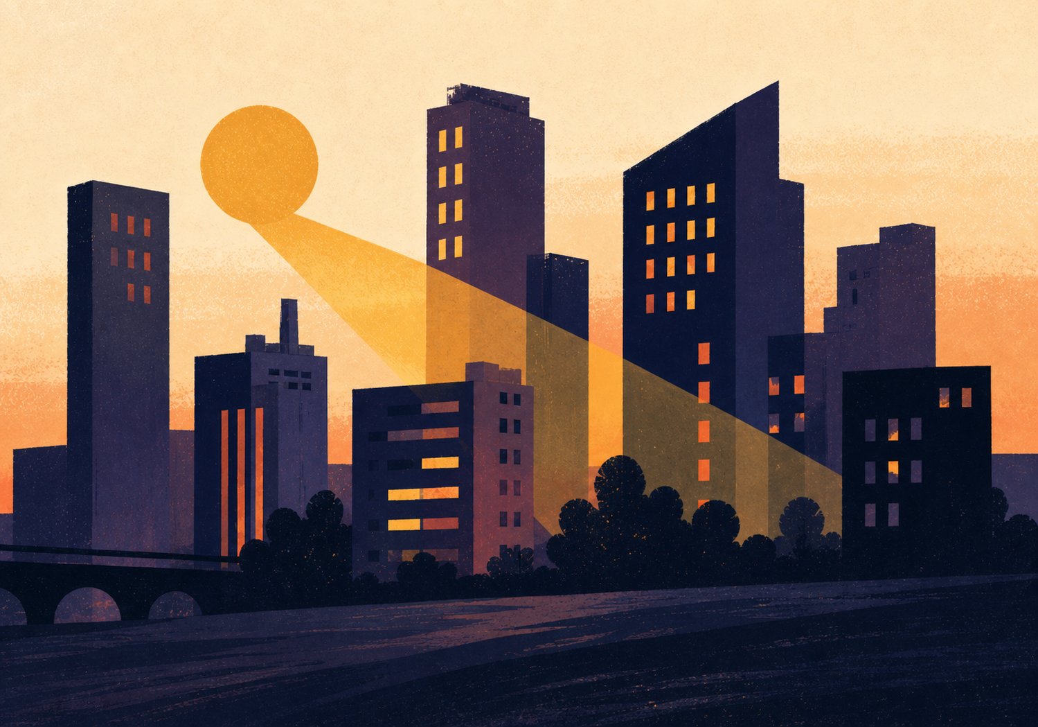 Illustrated cityscape representing corporate narratives